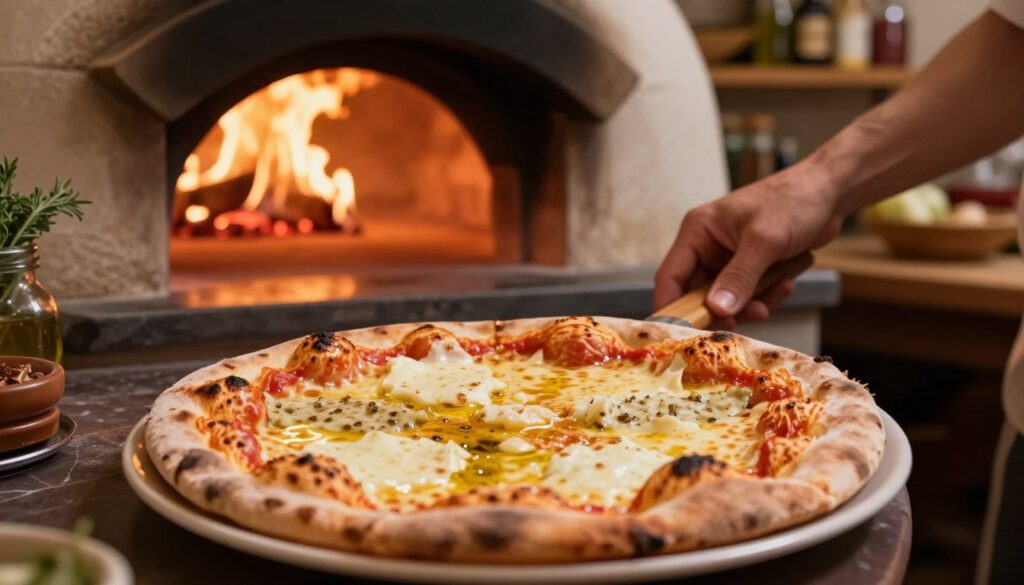 An inviting scene of a classic Italian pizza Guseppe being baked in a rustic wood-fired oven. In the foreground, show a perfectly crafted pizza topped with four types of cheese, melting and bubbling delightfully. The focus is on the pizza, with a slight sheen of olive oil reflecting the warm glow from the oven. In the middle, a hand gently rotates the pizza using a wooden paddle, showcasing the artisan's skill. The background features the warm, flickering flames of the fire, stone oven walls, and traditional Italian kitchen elements, like herbs and spices on wooden shelves. The lighting is warm and golden, creating a cozy and inviting atmosphere, evoking a sense of traditional Italian cooking. The angle is from a slightly low perspective to emphasize the vibrant colors and textures of the pizza.