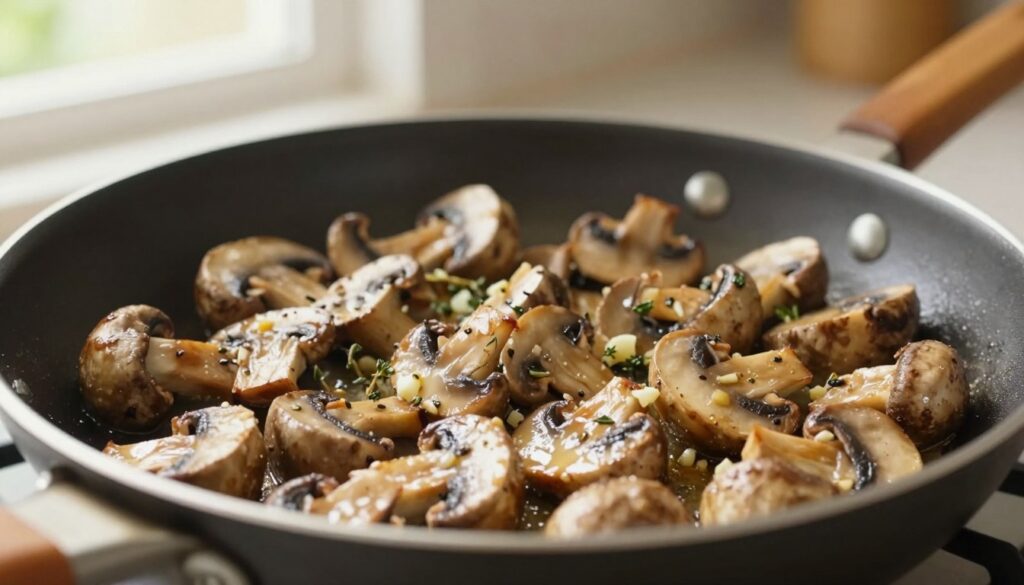 Close-up of sautéed mushrooms, glistening with a light golden-brown hue, sizzling in a frying pan over medium heat. The mushrooms are evenly diced, showing their tender texture, sprinkled with a dash of finely chopped garlic and fresh thyme for added flavor. The background features a soft-focus kitchen setting, with warm natural light illuminating the scene through a nearby window, casting gentle shadows. A wooden spatula rests against the pan, hinting at the cooking process. The overall atmosphere is inviting and homely, conveying a sense of comfort and deliciousness, perfect for illustrating a culinary guide.