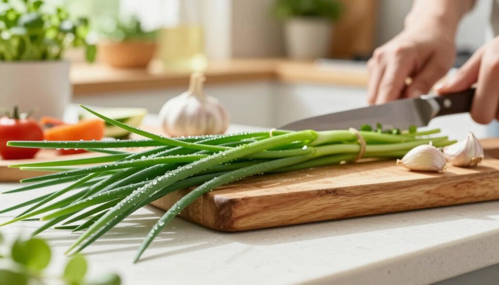 Fresh green garlic shoots, also known as garlic chives, gently cascading in a bright, sunlit kitchen setting. In the foreground, a close-up of the vibrant, slender green stems with dew drops glistening on their surface, showcasing their fresh and crisp texture. The middle features a rustic wooden cutting board where some shoots are being chopped with a sharp knife, surrounded by a few garlic cloves and other colorful vegetables, hinting at their culinary use. The background is a softly blurred kitchen adorned with herbs in pots and warm, inviting lighting that creates a cozy and fresh atmosphere. The image evokes a sense of freshness and culinary creativity, focusing on the edible qualities of garlic shoots in a home kitchen.