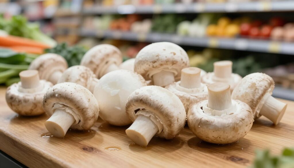 Fresh, plump white and brown mushrooms scattered on a wooden kitchen countertop, glistening with minimal moisture to highlight their freshness. In the foreground, an assortment of mushrooms showcases a variety of sizes, with the white mushrooms taking center stage, their smooth surfaces catching soft, natural light. In the background, a blurred image of a grocery store aisle hints at a bustling market atmosphere, with shelves stocked full of fresh produce. The lighting is bright yet soft, simulating a warm afternoon glow that enhances the colors of the mushrooms, emphasizing their firm texture and healthy appearance. The overall mood is inviting and fresh, suggesting quality and vitality, perfect for selecting ingredients for a pizza.