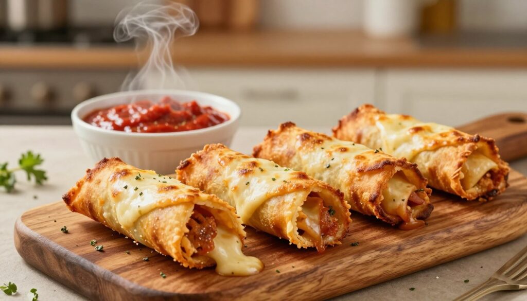 Golden-brown pizza rolls arranged appetizingly on a rustic wooden platter, showcasing their crispy exterior and melting cheese oozing from one side. In the foreground, a couple of pizza rolls are cut in half, revealing their savory fillings, with herbs sprinkled around them for added color. The middle ground features a bowl of marinara sauce with steam gently rising, inviting viewers to imagine dipping the rolls. The background is softly blurred, highlighting a cozy kitchen setting with warm, ambient lighting, creating a homey and inviting atmosphere. The scene captures the essence of a delicious "on-the-go" snack, evoking feelings of comfort and delight. The composition is shot from a slightly elevated angle, providing a dynamic view of this irresistible appetizer.