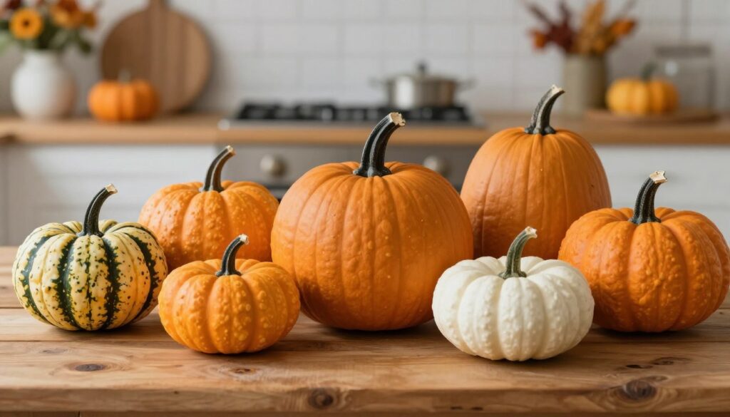In a serene setting, a vibrant collection of ornamental pumpkins is arranged on a rustic wooden table. The foreground showcases various shapes and sizes of decorative pumpkins, with deep oranges, whites, and mottled greens that highlight their unique textures. Soft natural light bathes the scene, casting delicate shadows and enhancing the pumpkins' intricate details. In the middle ground, a gently blurred kitchen background features shelves adorned with seasonal decorations, hinting at autumn's warmth. The overall atmosphere is inviting and informative, encouraging a sense of curiosity about the pumpkins' edibility. The composition is shot at eye level, using a shallow depth of field to emphasize the pumpkins’ colors and forms while keeping the background soft and unobtrusive.
