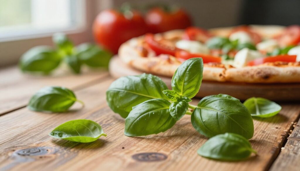 Oregano leaves in focus, showcasing their vibrant green color and delicate texture, scattered artfully on a rustic wooden surface. In the background, a blurred arrangement of traditional Italian pizza ingredients like tomatoes, mozzarella, and basil create a warm, inviting atmosphere. Soft natural light filters through a nearby window, casting gentle shadows and highlighting the leaves' vivid details. The scene is shot from a close-up angle to emphasize the freshness of the oregano, evoking a sense of authenticity and flavor. The overall mood is cozy and appetizing, perfect for illustrating the essence of Italian cuisine.