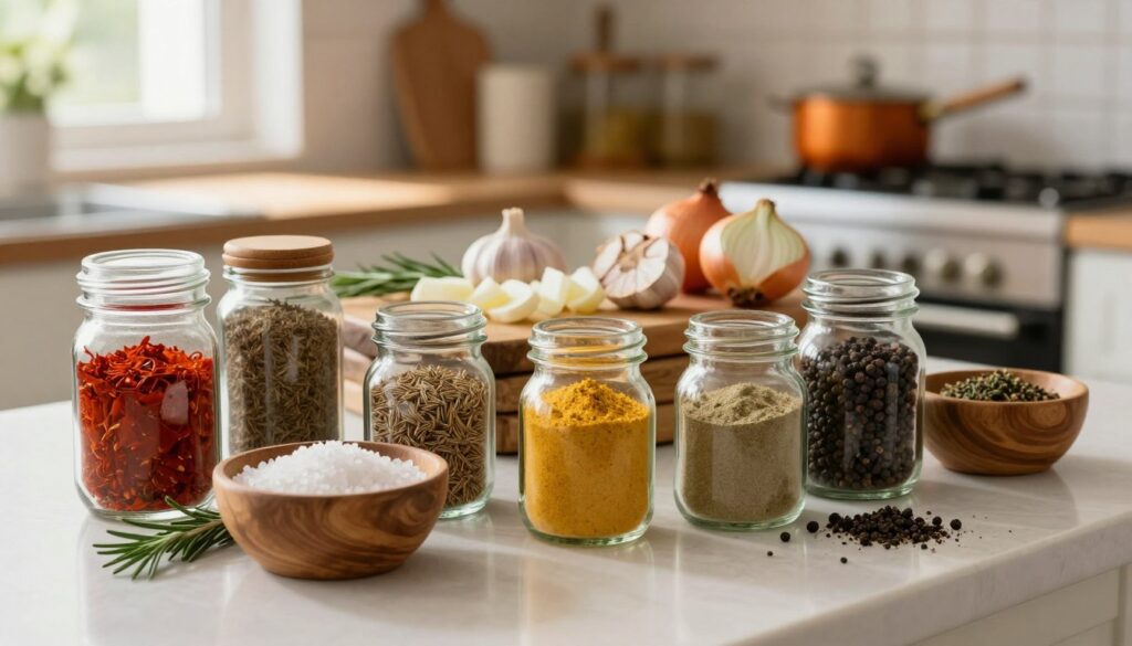 A beautiful and inviting kitchen countertop scene showcasing an array of spice ingredients. In the foreground, vibrant glass jars filled with colorful spices like paprika, cumin, garlic powder, and black pepper are meticulously arranged. A wooden bowl with coarse sea salt sits next to a small heap of fresh herbs, such as rosemary and thyme. In the middle layer, a rustic cutting board displays sliced garlic and chopped onions, exuding freshness. The background features softly blurred kitchen utensils and a warm, glowing oven, hinting at a cozy cooking atmosphere. Soft, natural daylight streams through a nearby window, casting a gentle, inviting light on the scene. The overall mood is warm and homely, perfect for a culinary adventure.
