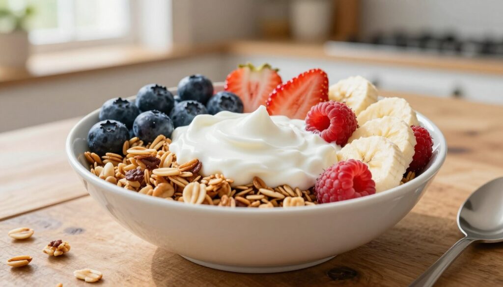 A beautifully arranged bowl of crunchy granola topped with creamy yogurt, fresh berries, and sliced bananas, situated on a rustic wooden table. In the foreground, the granola is the focal point, with golden clusters glistening in the soft, natural light. The yogurt is a rich, inviting white, artfully piled atop the granola, accentuating the vibrant colors of the mixed berries—plump blueberries, bright red strawberries, and juicy raspberries. Slices of banana add a touch of yellow, creating a vibrant contrast. In the background, a softly blurred kitchen setting with gentle sunlight streaming through a window enhances the warm, inviting atmosphere. The image conveys a fresh, healthy vibe, ideal for showcasing delicious combinations with yogurt.