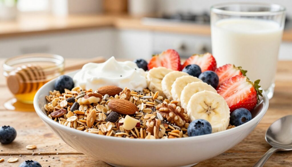 A beautifully arranged bowl of homemade granola sits on a rustic wooden table, showcasing its rich textures and colors. In the foreground, the granola is heaped generously with clusters of oats, sprinkled with crunchy nuts such as almonds and walnuts, alongside sunflower and chia seeds. Juicy fresh fruits like sliced bananas, strawberries, and blueberries are artfully placed around the granola, creating a vibrant contrast. A side of creamy Greek yogurt and a glass of milk add to the composition, while a honey drizzle adds a touch of sweetness. The background is softly blurred, hinting at a bright kitchen with warm morning light streaming in, creating an inviting and wholesome atmosphere. The overall mood is fresh, healthy, and appetizing, capturing the essence of a nutritious breakfast.