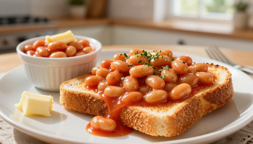 A beautifully arranged breakfast scene featuring crispy golden toast topped with rich, vibrant Heinz baked beans, elegantly spilling over the edges. The foreground showcases the toast with a buttery sheen, while the beans are glistening in a light tomato sauce, adorned with fresh herbs sprinkled on top for extra color. In the middle ground, a small white bowl of additional baked beans and a rustic butter dish complement the main dish. The background is softly blurred, featuring a cozy kitchen table with a warm, inviting atmosphere, illuminated by morning sunlight filtering through a nearby window, enhancing the richness of the colors. Capture this scene from a top-down angle with a gentle bokeh effect, evoking a sense of warmth and comfort perfect for breakfast time. A beautifully arranged breakfast scene featuring crispy golden toast topped with rich, vibrant Heinz baked beans, elegantly spilling over the edges. The foreground showcases the toast with a buttery sheen, while the beans are glistening in a light tomato sauce, adorned with fresh herbs sprinkled on top for extra color. In the middle ground, a small white bowl of additional baked beans and a rustic butter dish complement the main dish. The background is softly blurred, featuring a cozy kitchen table with a warm, inviting atmosphere, illuminated by morning sunlight filtering through a nearby window, enhancing the richness of the colors. Capture this scene from a top-down angle with a gentle bokeh effect, evoking a sense of warmth and comfort perfect for breakfast time.