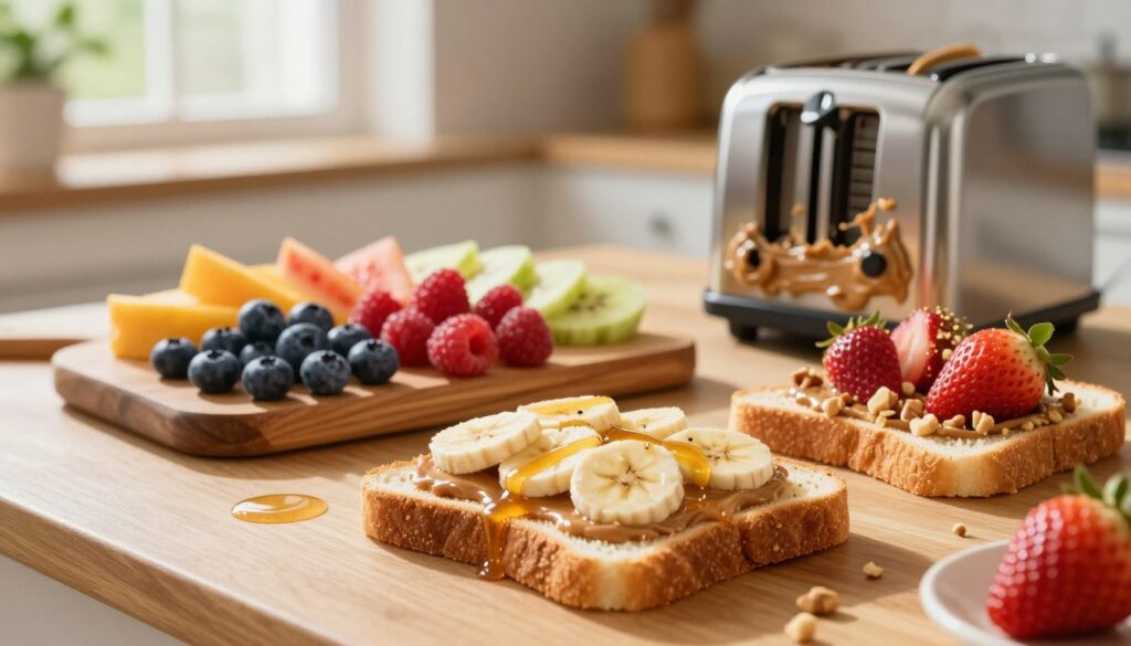 A beautifully arranged breakfast table featuring slices of toasted bread, warm from the toaster, spread generously with creamy peanut butter. The foreground showcases a perfectly toasted slice topped with banana slices and a drizzle of honey, while another slice is adorned with fresh strawberries and a sprinkle of nuts. In the middle, a rustic wooden platter holds an array of colorful fruit, including ripe blueberries and juicy raspberries, complementing the peanut butter. Soft morning light streams in from a nearby window, creating a warm, inviting atmosphere. The background shows a blurred kitchen scene with greenery, enhancing the homey feel. The composition should evoke a sense of comfort and deliciousness, perfect for enjoying peanut butter on various breads.