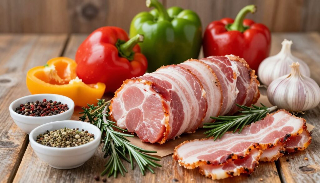 A beautifully arranged collection of ingredients for a savory dish featuring pork tenderloin wrapped in bacon. In the foreground, showcase fresh, vibrant ingredients: a perfectly trimmed pork tenderloin, a variety of spices in small bowls, fresh herbs like thyme and rosemary, and thick slices of crispy bacon. In the middle ground, include colorful vegetables like bell peppers, onions, and garlic, artfully scattered to create a harmonious composition. Set against a rustic wooden background that provides warmth. Soft, natural lighting highlights the textures, casting gentle shadows to enhance depth. The mood is inviting and appetizing, evoking a family-friendly culinary atmosphere perfect for a home-cooked meal.