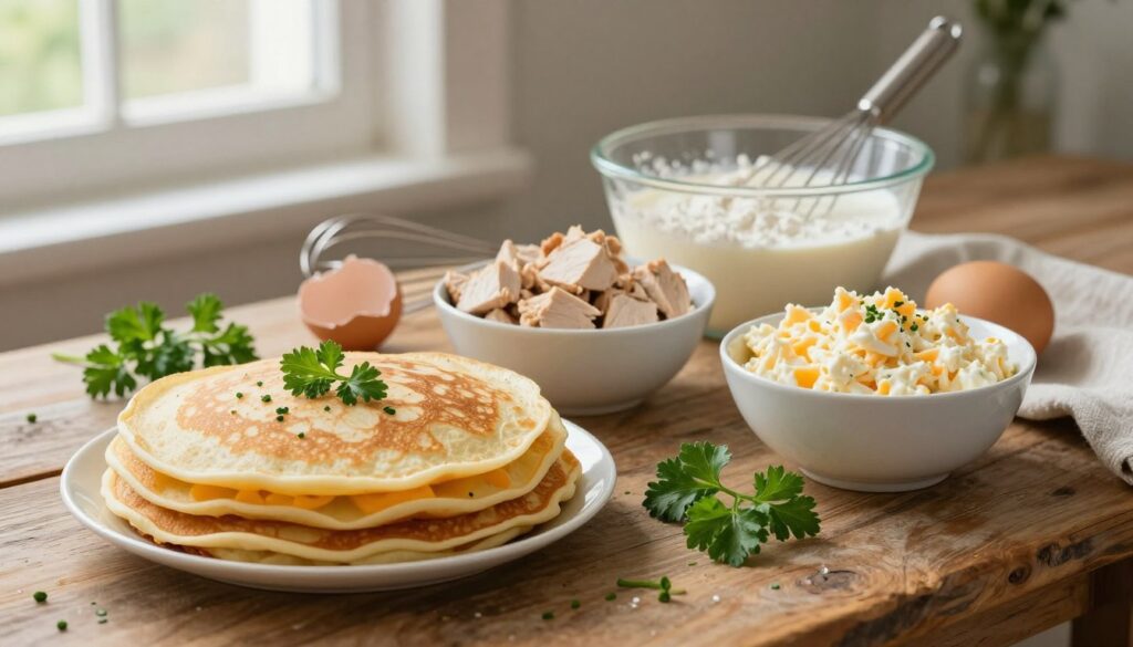 A beautifully arranged composition of the ingredients for chicken and cheese stuffed pancakes laid out on a rustic wooden table. In the foreground, a stack of golden, thin pancakes, lightly garnished with fresh herbs. Beside them, bowls of diced, cooked chicken, and creamy cheese blend, ready for filling. Sprigs of parsley and a cracked egg add vibrant colors. In the middle background, a mixing bowl with flour and milk, along with a whisk, hinting at the preparation process. Soft natural light filters through a nearby window, casting gentle shadows, creating a warm and inviting atmosphere. The overall mood is cozy and homely, ideal for a comforting meal preparation scene. A beautifully arranged composition of the ingredients for chicken and cheese stuffed pancakes laid out on a rustic wooden table. In the foreground, a stack of golden, thin pancakes, lightly garnished with fresh herbs. Beside them, bowls of diced, cooked chicken, and creamy cheese blend, ready for filling. Sprigs of parsley and a cracked egg add vibrant colors. In the middle background, a mixing bowl with flour and milk, along with a whisk, hinting at the preparation process. Soft natural light filters through a nearby window, casting gentle shadows, creating a warm and inviting atmosphere. The overall mood is cozy and homely, ideal for a comforting meal preparation scene.