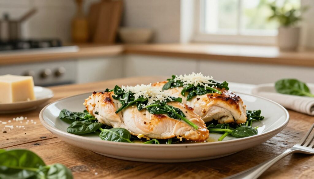 A beautifully arranged dish featuring tender chicken breast fillets stuffed with fresh spinach and herbs, garnished with a sprinkle of parmesan cheese. The plate is elegantly presented on a rustic wooden table, with vibrant greens of the spinach contrasting against the golden-brown chicken. In the background, a softly lit kitchen setting highlights the cooking utensils and ingredients in a warm, inviting atmosphere. A shallow depth of field captures the intricate details of the food while keeping the background subtly out of focus. Natural light streams in from a nearby window, creating a cozy feel. The overall mood is one of culinary delight, making it an irresistibly appealing meal for dinner. A beautifully arranged dish featuring tender chicken breast fillets stuffed with fresh spinach and herbs, garnished with a sprinkle of parmesan cheese. The plate is elegantly presented on a rustic wooden table, with vibrant greens of the spinach contrasting against the golden-brown chicken. In the background, a softly lit kitchen setting highlights the cooking utensils and ingredients in a warm, inviting atmosphere. A shallow depth of field captures the intricate details of the food while keeping the background subtly out of focus. Natural light streams in from a nearby window, creating a cozy feel. The overall mood is one of culinary delight, making it an irresistibly appealing meal for dinner.