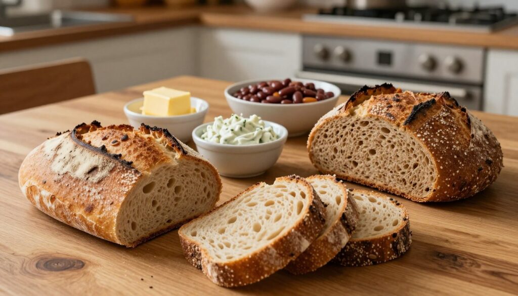 A beautifully arranged display of crusty artisanal breads on a rustic wooden table, highlighting the best bread pairings for traditional bean stew. In the foreground, a freshly baked loaf with a golden crust, sliced to reveal its soft interior, alongside a loaf of rye bread with visible seeds. In the middle ground, a few small bowls filled with complementary spreads like butter and garlic dip. The background features a cozy kitchen setting with warm lighting, accentuating the textures of the bread and the inviting atmosphere. Capture the essence of comfort and home-cooked meals, with soft, natural lighting enhancing the colors and details. The angle should be slightly overhead, allowing the viewer to appreciate the arrangement and textures of the breads and spreads together.