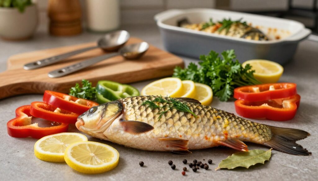 A beautifully arranged display of ingredients for baked carp, featuring fresh whole carp with shimmering scales in the foreground. Surround the fish with an array of vibrant vegetables: slices of lemon, sprigs of fresh parsley, and colorful pepper strips. Add aromatic spices like dill, bay leaves, and black pepper scattered artfully around. In the middle ground, a rustic wooden cutting board and a set of measuring spoons, with a blurred gratin dish in the background slightly out of focus. Gentle, warm kitchen lighting adds a cozy atmosphere, casting soft shadows. The composition invites a sense of homemade comfort, emphasizing the freshness and flavors essential for preparing a delicate baked dish. A beautifully arranged display of ingredients for baked carp, featuring fresh whole carp with shimmering scales in the foreground. Surround the fish with an array of vibrant vegetables: slices of lemon, sprigs of fresh parsley, and colorful pepper strips. Add aromatic spices like dill, bay leaves, and black pepper scattered artfully around. In the middle ground, a rustic wooden cutting board and a set of measuring spoons, with a blurred gratin dish in the background slightly out of focus. Gentle, warm kitchen lighting adds a cozy atmosphere, casting soft shadows. The composition invites a sense of homemade comfort, emphasizing the freshness and flavors essential for preparing a delicate baked dish.