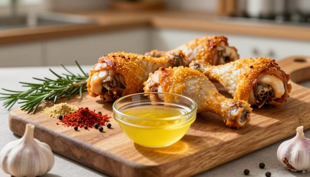 A beautifully arranged display of ingredients for baked chicken drumsticks, showcasing fresh chicken pieces with golden, crispy skin. Surround them with a vibrant selection of spices and herbs, including paprika, garlic powder, black pepper, and fresh rosemary. In the foreground, a rustic wooden cutting board sets the stage, while an elegant glass bowl holds a bright yellow marinade. Soft, natural lighting illuminates the scene, casting gentle shadows and highlighting the textures of the spices and chicken. In the background, a cozy kitchen setting with blurred cooking utensils contributes to a warm and inviting atmosphere, suggesting the delicious meal that awaits. The overall mood is appetizing and homely, perfect for enticing readers into the cooking process. A beautifully arranged display of ingredients for baked chicken drumsticks, showcasing fresh chicken pieces with golden, crispy skin. Surround them with a vibrant selection of spices and herbs, including paprika, garlic powder, black pepper, and fresh rosemary. In the foreground, a rustic wooden cutting board sets the stage, while an elegant glass bowl holds a bright yellow marinade. Soft, natural lighting illuminates the scene, casting gentle shadows and highlighting the textures of the spices and chicken. In the background, a cozy kitchen setting with blurred cooking utensils contributes to a warm and inviting atmosphere, suggesting the delicious meal that awaits. The overall mood is appetizing and homely, perfect for enticing readers into the cooking process.