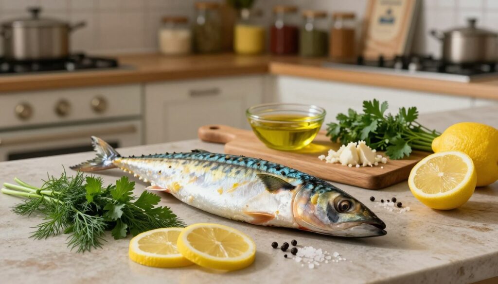 A beautifully arranged display of ingredients for baked mackerel on a rustic kitchen countertop. In the foreground, glistening whole mackerel, freshly cleaned, with bright, shimmering scales. Next to the fish, vibrant herbs like dill and parsley, sliced lemons, and spices such as black pepper and sea salt, all artfully scattered around. In the middle ground, a wooden cutting board holds a small bowl of olive oil and minced garlic. The background features a softly lit cozy kitchen with a vintage oven and shelves lined with jars of spices and cookbooks. The warm lighting creates an inviting atmosphere, enhancing the earthy tones of the ingredients. The angle captures the essence of a home-cooked meal, making it feel welcoming and deliciously aromatic. A beautifully arranged display of ingredients for baked mackerel on a rustic kitchen countertop. In the foreground, glistening whole mackerel, freshly cleaned, with bright, shimmering scales. Next to the fish, vibrant herbs like dill and parsley, sliced lemons, and spices such as black pepper and sea salt, all artfully scattered around. In the middle ground, a wooden cutting board holds a small bowl of olive oil and minced garlic. The background features a softly lit cozy kitchen with a vintage oven and shelves lined with jars of spices and cookbooks. The warm lighting creates an inviting atmosphere, enhancing the earthy tones of the ingredients. The angle captures the essence of a home-cooked meal, making it feel welcoming and deliciously aromatic.