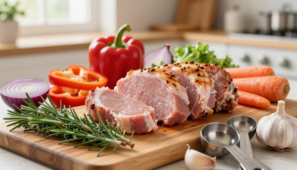A beautifully arranged display of ingredients for roasting tender pork tenderloin, presented on a wooden cutting board. In the foreground, showcase fresh, vibrant herbs like rosemary and thyme, along with garlic cloves and a set of measuring spoons. In the middle, highlight juicy pieces of pork tenderloin, surrounded by an assortment of colorful vegetables such as sliced bell peppers, red onions, and carrots. In the background, include a softly focused kitchen scene with a warm, inviting atmosphere, illuminated by natural light streaming through a nearby window. The mood is cozy and appetizing, evoking the anticipation of a delicious meal. Emphasize clarity and detail, ensuring each ingredient stands out, with no text or overlays present. A beautifully arranged display of ingredients for roasting tender pork tenderloin, presented on a wooden cutting board. In the foreground, showcase fresh, vibrant herbs like rosemary and thyme, along with garlic cloves and a set of measuring spoons. In the middle, highlight juicy pieces of pork tenderloin, surrounded by an assortment of colorful vegetables such as sliced bell peppers, red onions, and carrots. In the background, include a softly focused kitchen scene with a warm, inviting atmosphere, illuminated by natural light streaming through a nearby window. The mood is cozy and appetizing, evoking the anticipation of a delicious meal. Emphasize clarity and detail, ensuring each ingredient stands out, with no text or overlays present.