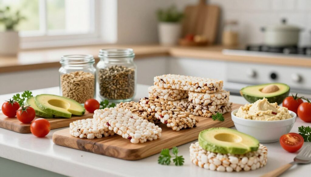 A beautifully arranged display of rice wafers in a bright, modern kitchen setting. In the foreground, showcase a variety of rice wafers, including natural, whole grain, and flavored options, placed on rustic wooden boards. Surround the wafers with healthy toppings like fresh avocado slices, vibrant cherry tomatoes, a bowl of hummus, and sprigs of parsley for vibrant colors. The middle-ground includes jars of seeds and nuts, hinting at additional nutritious add-ons. In the background, soft natural light filters through a window, adding a warm and inviting atmosphere. Use a shallow depth of field to focus on the delicious wafers while softly blurring the kitchen elements around them. The mood is fresh, healthy, and conducive to a work-from-home lifestyle.