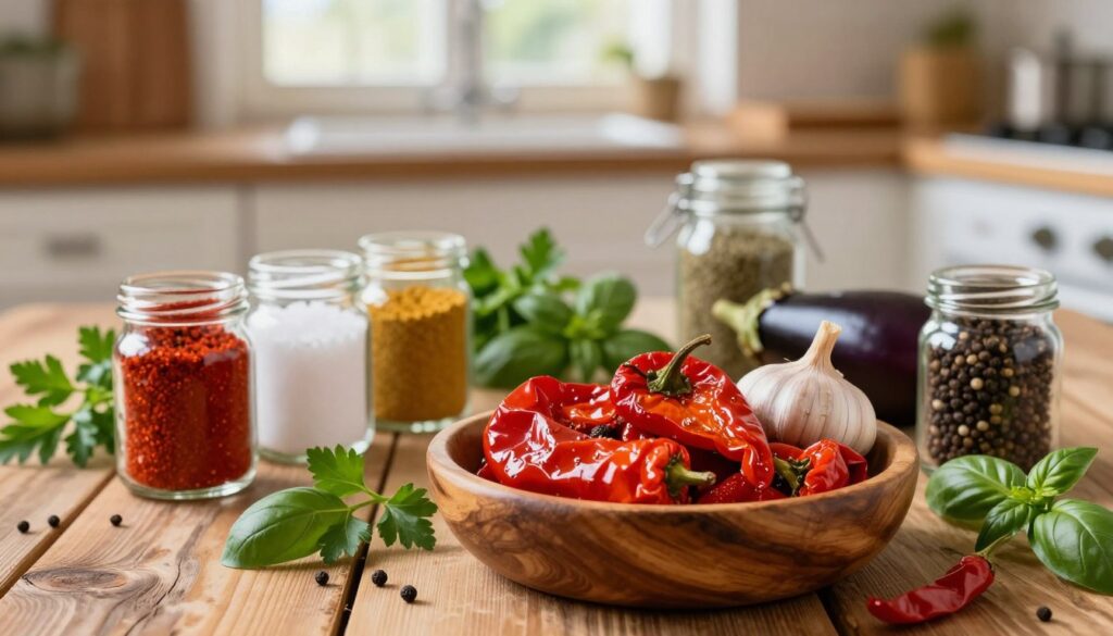 A beautifully arranged display of spices essential for making ajvar, with vibrant colors and rich textures. In the foreground, a wooden bowl filled with roasted red peppers, garlic, and eggplant, surrounded by small glass jars filled with paprika, salt, and black pepper. The middle ground features a rustic wooden table, with scattered herbs like parsley and basil, emphasizing freshness. In the background, a softly blurred kitchen setting with warm, natural light pouring in from a window, creating a cozy atmosphere. The lens captures the spices in sharp detail, highlighting their vivid colors and intricate textures. Overall, the mood is inviting and reminiscent of traditional Balkan cooking.