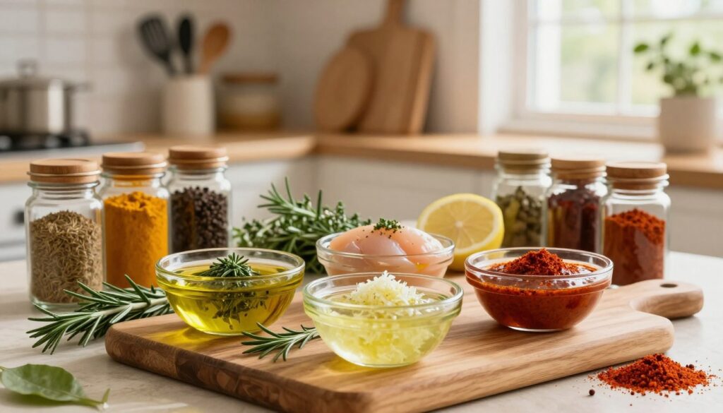 A beautifully arranged display of various marinades and spices suited for enhancing chicken breast flavor. In the foreground, a wooden cutting board hosts small glass bowls filled with vibrant marinades: a rich olive oil and herb blend, a zesty lemon garlic mix, and a smoky paprika sauce. Surrounding the bowls are colorful spices in jars, showcasing bright turmeric, dark cumin, and deep red chili powder. In the middle ground, fresh herbs like rosemary and thyme add a touch of green. The background features a warm kitchen setting with wooden shelves displaying cooking utensils and recipes, softly lit by natural sunlight filtering through a window. The atmosphere is inviting and culinary, inspiring home cooking and experimentation with flavors.
