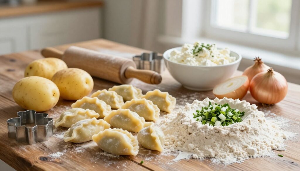 A beautifully arranged flat lay of pierogi ingredients, focusing on the essential components for baked pierogi. In the foreground, showcase a mound of flour, fresh potatoes, and finely chopped onions. To one side, include a bowl of cottage cheese and a sprinkle of herbs, adding a burst of color. In the middle, present rolling pins and pastry cutters, symbolizing the preparation process. The background can feature a rustic wooden table that enhances the home-cooked feel, with soft natural light filtering in from a nearby window, creating a warm and inviting atmosphere. The whole scene evokes a sense of comfort and culinary delight, perfect for showcasing the ingredients needed for baked pierogi. No text, watermarks, or signatures are included. A beautifully arranged flat lay of pierogi ingredients, focusing on the essential components for baked pierogi. In the foreground, showcase a mound of flour, fresh potatoes, and finely chopped onions. To one side, include a bowl of cottage cheese and a sprinkle of herbs, adding a burst of color. In the middle, present rolling pins and pastry cutters, symbolizing the preparation process. The background can feature a rustic wooden table that enhances the home-cooked feel, with soft natural light filtering in from a nearby window, creating a warm and inviting atmosphere. The whole scene evokes a sense of comfort and culinary delight, perfect for showcasing the ingredients needed for baked pierogi. No text, watermarks, or signatures are included.