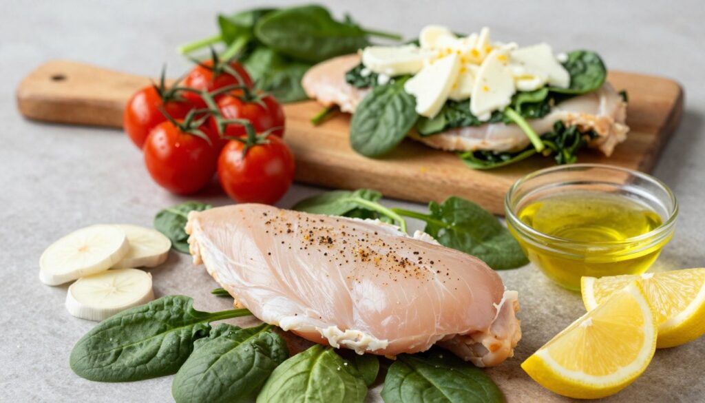 A beautifully arranged flat lay showcasing the ingredients for a baked chicken breast with spinach dish. In the foreground, display a raw chicken breast lightly seasoned, surrounded by vibrant fresh spinach leaves. Add sliced garlic and fresh lemon wedges for a pop of color, as well as a small bowl of olive oil. The middle layer includes other complementary ingredients like cherry tomatoes and a sprinkle of mozzarella cheese ready to be melted on top. The background features a rustic wooden cutting board, with soft, natural lighting illuminating the ingredients to create a warm and inviting atmosphere. The focus should be sharp on the ingredients, presenting a fresh and appetizing look that evokes a sense of wholesome home cooking. A beautifully arranged flat lay showcasing the ingredients for a baked chicken breast with spinach dish. In the foreground, display a raw chicken breast lightly seasoned, surrounded by vibrant fresh spinach leaves. Add sliced garlic and fresh lemon wedges for a pop of color, as well as a small bowl of olive oil. The middle layer includes other complementary ingredients like cherry tomatoes and a sprinkle of mozzarella cheese ready to be melted on top. The background features a rustic wooden cutting board, with soft, natural lighting illuminating the ingredients to create a warm and inviting atmosphere. The focus should be sharp on the ingredients, presenting a fresh and appetizing look that evokes a sense of wholesome home cooking.