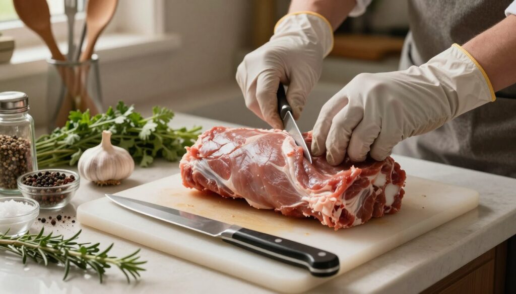 A beautifully arranged kitchen counter featuring a whole pork tenderloin being prepared for marination. In the foreground, a clean cutting board holds the tenderloin, with a sharp knife and a variety of spices like salt, pepper, garlic, and herbs neatly displayed nearby. The middle ground includes a pair of hands, wearing modest cooking gloves, gently trimming the tenderloin to remove any excess fat, showcasing the artisanal aspect of meat preparation. In the background, soft, warm light illuminates the scene, creating a cozy atmosphere, while kitchen utensils and fresh herbs add a rustic charm. The angle captures the meticulous nature of preparing meat, evoking a sense of care and attention to detail in the cooking process. A beautifully arranged kitchen counter featuring a whole pork tenderloin being prepared for marination. In the foreground, a clean cutting board holds the tenderloin, with a sharp knife and a variety of spices like salt, pepper, garlic, and herbs neatly displayed nearby. The middle ground includes a pair of hands, wearing modest cooking gloves, gently trimming the tenderloin to remove any excess fat, showcasing the artisanal aspect of meat preparation. In the background, soft, warm light illuminates the scene, creating a cozy atmosphere, while kitchen utensils and fresh herbs add a rustic charm. The angle captures the meticulous nature of preparing meat, evoking a sense of care and attention to detail in the cooking process.