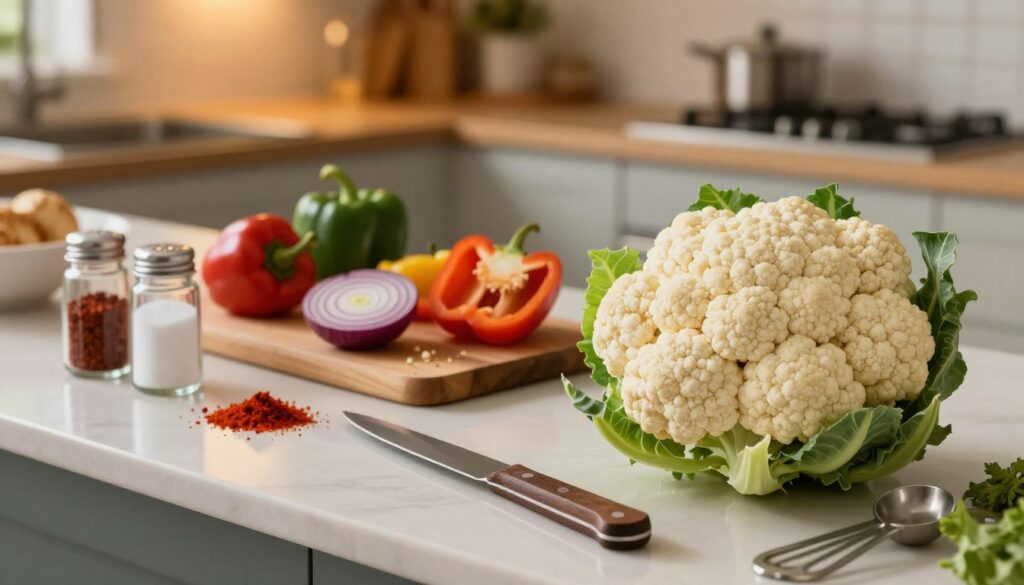 A beautifully arranged kitchen counter showcasing fresh ingredients for roasting cauliflower. In the foreground, a vibrant head of cauliflower, its white florets contrasting with fresh green leaves. Nearby, a selection of spices—paprika, garlic powder, and salt—elegantly presented in small jars. In the middle, a wooden cutting board holds sliced onions and colorful bell peppers, ready to complement the cauliflower. The background reveals an inviting kitchen with warm, soft lighting illuminating the scene, accentuating the freshness of the ingredients. A few utensils, such as a cutting knife and measuring spoons, are casually placed, enhancing the atmosphere of culinary preparation. The overall mood is inviting and cozy, perfect for a home-cooking setting.