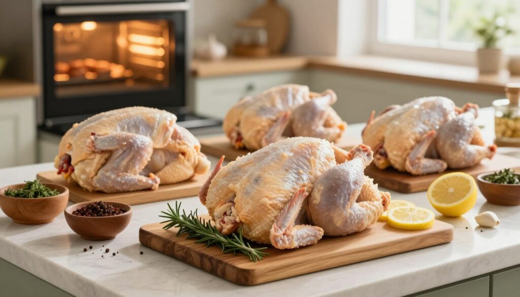 A beautifully arranged kitchen countertop featuring a selection of whole chickens ready for preparation. In the foreground, a fresh whole chicken is placed on a wooden cutting board, garnished with sprigs of rosemary, garlic cloves, and slices of lemon, reflecting meticulous care. In the middle ground, various ingredients such as spices and herbs in rustic bowls are artfully scattered around, hinting at the preparation process. In the background, a warm oven with a golden glow emanates, creating a welcoming atmosphere. Soft, diffused natural lighting cascades through a nearby window, emphasizing the freshness of the ingredients. The angle captures the inviting and rustic feel of home cooking, evoking a sense of comfort and anticipation for a delicious meal.
