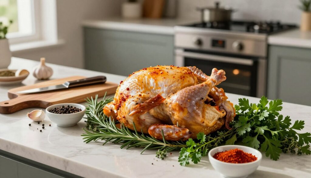 A beautifully arranged kitchen countertop featuring a whole chicken being prepared for roasting. In the foreground, the chicken is surrounded by an array of vibrant herbs such as rosemary, thyme, and parsley, along with spices in small bowls, like paprika and black pepper. The middle ground shows an elegantly designed cutting board with a knife and garlic cloves. In the background, a modern oven is visible, subtly lit to suggest warmth. Soft, natural lighting pours in from a nearby window, casting gentle shadows. The atmosphere feels inviting and warm, ideal for a cooking scene. The image captures the essence of marinating and seasoning, showcasing both the ingredients and the preparation process.