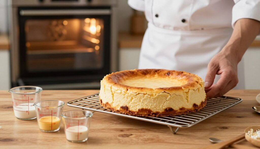A beautifully arranged kitchen scene featuring a freshly baked cheesecake cooling on a wooden countertop. The cheesecake is perfectly risen, adorned with light cracks and a golden-brown top, indicating a successful bake. In the foreground, a measuring scale and measuring cups filled with ingredients reflect the precise measurements necessary for varying cheese amounts. In the middle, a chef's hand gently lifts the cheesecake, showcasing its height and texture. In the background, a warm oven with light emanating from inside creates a cozy atmosphere. The lighting is soft and warm, emphasizing the inviting mood of a home kitchen. Use a shallow depth of field to blur the background slightly, focusing on the cheesecake and measuring tools, capturing the essence of the article's theme on baking timing.