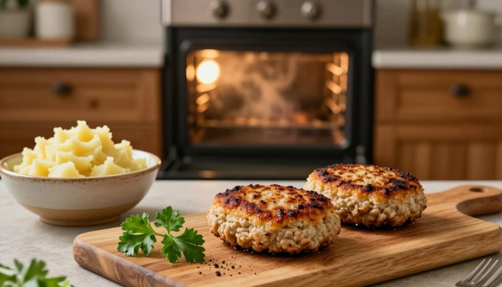 A beautifully arranged kitchen scene featuring a pair of juicy, golden-brown kotlety mielone (meat patties) just out of the oven, resting on a wooden cutting board. In the foreground, the kotlety lie next to fresh herbs like parsley and a sprinkle of black pepper, with a soft focus on a rustic ceramic bowl filled with mashed potatoes. In the middle, an open oven reveals heat waves, with the oven light casting a warm glow on the dishes. In the background, a cozy kitchen with wooden cabinets and warm lighting creates an inviting atmosphere. The scene evokes a sense of home cooking and warmth, perfect for illustrating a step-by-step guide to oven-baked meals, emphasizing comfort and deliciousness. A beautifully arranged kitchen scene featuring a pair of juicy, golden-brown kotlety mielone (meat patties) just out of the oven, resting on a wooden cutting board. In the foreground, the kotlety lie next to fresh herbs like parsley and a sprinkle of black pepper, with a soft focus on a rustic ceramic bowl filled with mashed potatoes. In the middle, an open oven reveals heat waves, with the oven light casting a warm glow on the dishes. In the background, a cozy kitchen with wooden cabinets and warm lighting creates an inviting atmosphere. The scene evokes a sense of home cooking and warmth, perfect for illustrating a step-by-step guide to oven-baked meals, emphasizing comfort and deliciousness.