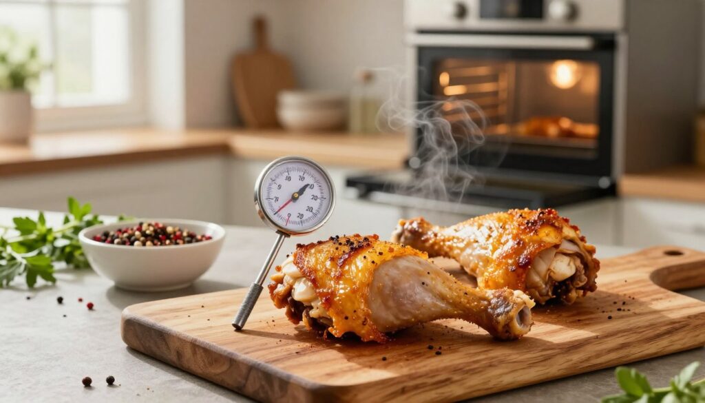 A beautifully arranged kitchen scene featuring perfectly cooked chicken legs displayed on a rustic wooden cutting board, glistening with golden, crispy skin. In the foreground, a meat thermometer is inserted into one of the chicken legs, showcasing the precise internal temperature. The middle ground features a bowl of fresh herbs and spices, highlighting ingredients for a flavorful seasoning. The background includes a softly lit, modern oven with its door slightly ajar, revealing steam escaping from inside, creating an inviting atmosphere. Warm, natural lighting filters through a nearby window, enhancing the appetizing look of the dish and creating a cozy, home-cooked vibe. The scene is inviting and meticulously detailed, focusing on the perfect doneness of the chicken without visual distractions. A beautifully arranged kitchen scene featuring perfectly cooked chicken legs displayed on a rustic wooden cutting board, glistening with golden, crispy skin. In the foreground, a meat thermometer is inserted into one of the chicken legs, showcasing the precise internal temperature. The middle ground features a bowl of fresh herbs and spices, highlighting ingredients for a flavorful seasoning. The background includes a softly lit, modern oven with its door slightly ajar, revealing steam escaping from inside, creating an inviting atmosphere. Warm, natural lighting filters through a nearby window, enhancing the appetizing look of the dish and creating a cozy, home-cooked vibe. The scene is inviting and meticulously detailed, focusing on the perfect doneness of the chicken without visual distractions.