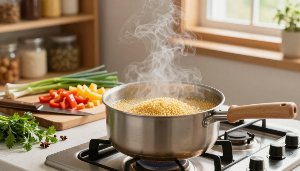 A beautifully arranged kitchen scene featuring the cooking process of millet, specifically showing how to prepare it without bitterness. In the foreground, a medium-sized saucepan on a gas stove filled with simmering pearly millet grains, steam gently rising. Surrounding the pot are fresh ingredients such as herbs, spices, and chopped vegetables for later additions. In the middle ground, a wooden cutting board with a knife, displaying colorful diced bell peppers and green onions. The background is softly filled with wooden shelves holding pantry items and a window letting in warm, natural light that creates a cozy atmosphere. The overall mood is inviting and homey, perfect for inspiring healthy cooking.