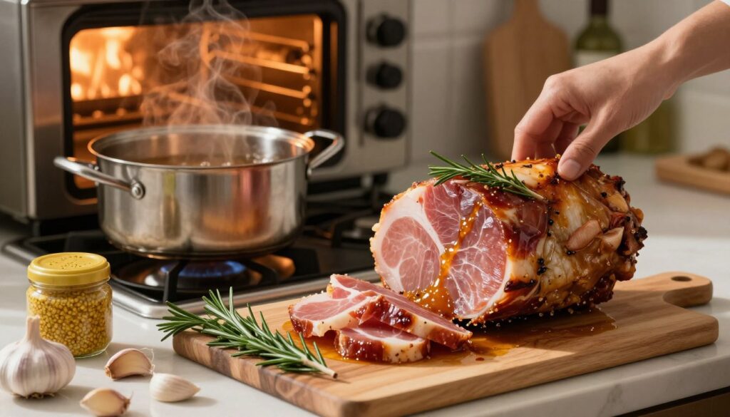 A beautifully arranged kitchen scene focused on marinated ham preparing for roasting. In the foreground, a cutting board displays fresh ingredients: sprigs of rosemary, garlic cloves, and mustard jars, with glistening pieces of ham being lovingly coated in a rich marinade. The middle ground reveals a pot of bubbling marinade simmering on a stove, while a rustic oven waits in the background, emitting a warm glow. Soft, natural lighting illuminates the scene, casting gentle shadows that enhance the textures of the meat and herbs. The atmosphere is cozy and inviting, evoking a sense of warmth and culinary creativity, perfect for illustrating the art of creating flavorful marinades for roast ham.