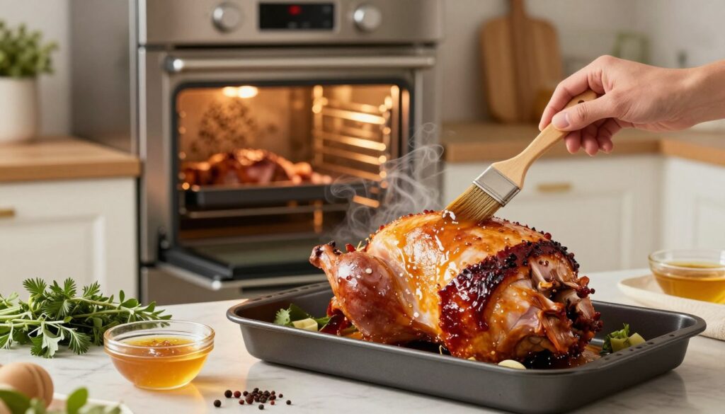 A beautifully arranged kitchen scene focused on the art of basting a succulent ham in an oven. In the foreground, a hand with a basting brush drizzles a rich, golden glaze over the ham, which sits on a roasting pan, glistening under the warm kitchen light. The middle background features a stainless steel oven with its door slightly ajar, emitting a soft glow that highlights the savory aromas wafting from within. Fresh herbs, spices, and a small bowl of glaze are artfully placed on the counter, adding vibrant color to the composition. The setting conveys a warm, inviting atmosphere, with soft, natural lighting that enhances the textures and colors of the ingredients. The image captures a moment of culinary mastery, filled with warmth and care as the ham bakes to perfection.