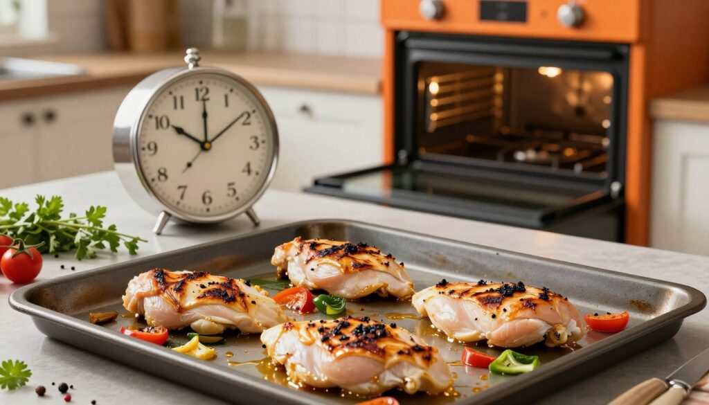 A beautifully arranged kitchen scene focusing on the common mistakes when baking chicken breast with vegetables. In the foreground, there are partially burned chicken breasts on a baking tray, with overcooked vegetables and excess oil pooling on the tray. In the middle ground, an elegant clock displays a time that suggests too long of baking. Fresh herbs and spices sit scattered around, adding a touch of color. In the background, a vibrant oven with a slightly ajar door, emitting warm light, highlights the chaos of an unsuccessful baking attempt. Soft, warm lighting creates an inviting atmosphere while emphasizing the contrast between the ideal and the reality of cooking. The scene should inspire both caution and learning, without any text or distractions. A beautifully arranged kitchen scene focusing on the common mistakes when baking chicken breast with vegetables. In the foreground, there are partially burned chicken breasts on a baking tray, with overcooked vegetables and excess oil pooling on the tray. In the middle ground, an elegant clock displays a time that suggests too long of baking. Fresh herbs and spices sit scattered around, adding a touch of color. In the background, a vibrant oven with a slightly ajar door, emitting warm light, highlights the chaos of an unsuccessful baking attempt. Soft, warm lighting creates an inviting atmosphere while emphasizing the contrast between the ideal and the reality of cooking. The scene should inspire both caution and learning, without any text or distractions.