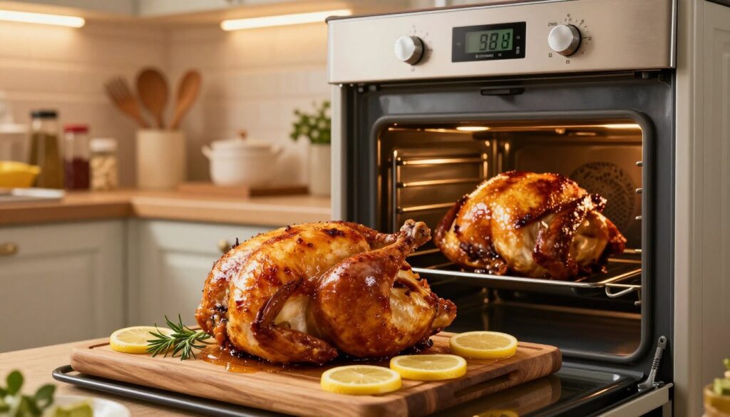 A beautifully arranged kitchen scene highlighting the perfect roast chicken being pulled from an oven. In the foreground, a golden-brown chicken sits on a wooden cutting board, juices glistening, garnished with fresh herbs and lemon slices. In the middle, an open oven reveals the chicken's crispy skin, while a digital thermometer reads the ideal internal temperature for doneness. The background features warm, ambient light glowing from overhead fixtures, illuminating kitchen utensils and spices neatly arranged on countertops. The mood is inviting and homey, showcasing a setting where delicious meals are created, emphasizing the warmth of a well-functioning kitchen. The composition is shot from a slight angle for depth.