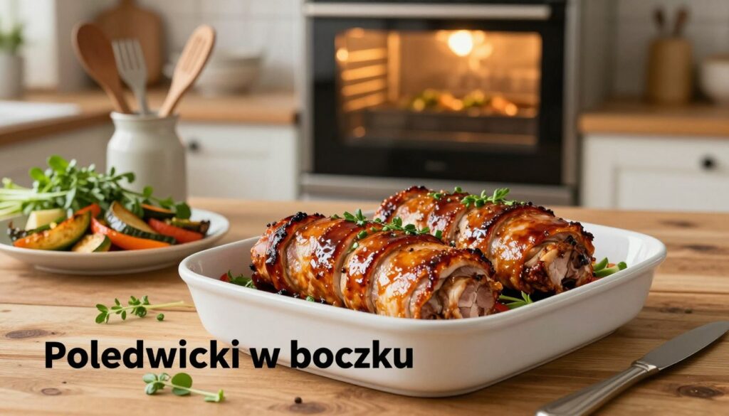 A beautifully arranged kitchen scene showcasing a succulent dish of "Polędwiczki w boczku," elegantly wrapped pork tenderloins, glistening with a rich glaze from the oven. The foreground features the dish on a rustic wooden table, garnished with fresh herbs and a side of roasted vegetables, inviting and flavorful. In the middle ground, an assortment of kitchen utensils and herbs, suggesting a warm, home-cooked atmosphere. The background reveals an oven with warm, golden light emanating, emphasizing the warmth of a family meal. Use soft, natural lighting that enhances the textures of the food, creating an inviting ambiance. The focus should be sharp on the dish, with a slight blur in the background to draw attention to the delicious elements.
