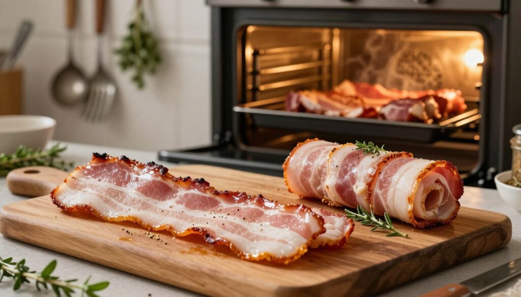 A beautifully arranged kitchen scene showcasing different cuts of bacon ready for baking in the oven. In the foreground, a succulent piece of bacon with crispy skin features prominently on a rustic wooden cutting board, next to another cut without skin, both glistening with seasoning. A rolled bacon dish, tightly secured, lies nearby adorned with fresh herbs. In the middle, an oven with golden light spilling out reveals the bacon cooking on a rack, blending warmth and inviting aromas. In the background, a cozy kitchen setting, with vintage utensils and herbs hanging, adds charm and a homely feel. Soft, warm lighting envelops the scene, enhancing the appetizing colors of the meats and creating a welcoming atmosphere. The angle captures the inviting details and textures of the bacon, making it visually appetizing. A beautifully arranged kitchen scene showcasing different cuts of bacon ready for baking in the oven. In the foreground, a succulent piece of bacon with crispy skin features prominently on a rustic wooden cutting board, next to another cut without skin, both glistening with seasoning. A rolled bacon dish, tightly secured, lies nearby adorned with fresh herbs. In the middle, an oven with golden light spilling out reveals the bacon cooking on a rack, blending warmth and inviting aromas. In the background, a cozy kitchen setting, with vintage utensils and herbs hanging, adds charm and a homely feel. Soft, warm lighting envelops the scene, enhancing the appetizing colors of the meats and creating a welcoming atmosphere. The angle captures the inviting details and textures of the bacon, making it visually appetizing.