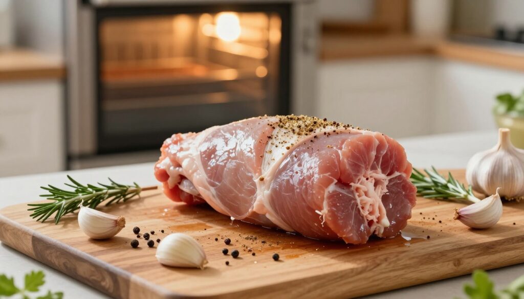 A beautifully arranged kitchen scene showcasing the preparation of a pork loin (schab) for roasting. In the foreground, a fresh pork loin sits on a wooden cutting board, glistening with a light sheen of seasoning. The medium shot captures an array of herbs, garlic cloves, and spices artistically spread around the meat, detailing the preparation process. In the background, softly blurred, a bright oven is preheated, hinting at the cooking stage. Warm, natural lighting floods the scene, creating a cozy, inviting atmosphere. The camera angle is slightly above eye level, providing an engaging perspective that draws the viewer into the preparation ritual. The overall mood is one of culinary passion and anticipation, emphasizing the care put into selecting and preparing the meat for a perfect roast.