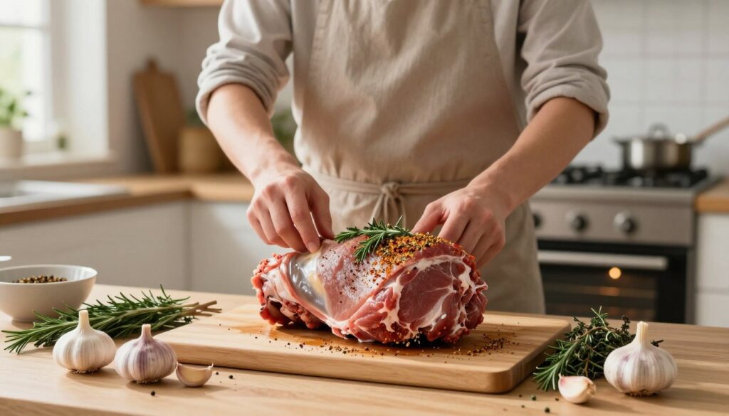 A beautifully arranged kitchen scene showcasing the preparation of a succulent pork shoulder (karkówka) ready for roasting. In the foreground, a cutting board features a well-seasoned, large piece of pork shoulder coated with spices and herbs, surrounded by fresh ingredients like garlic, rosemary, and thyme. A chef with modest casual clothing stands in the middle of the scene, carefully preparing the meat. The background reveals a warm, inviting kitchen with an oven preheating, bright natural lighting illuminating the countertop, and utensils neatly arranged. The atmosphere conveys a cozy, homely feeling, emphasizing the art of cooking a delicious dish that fills the air with savory aromas.