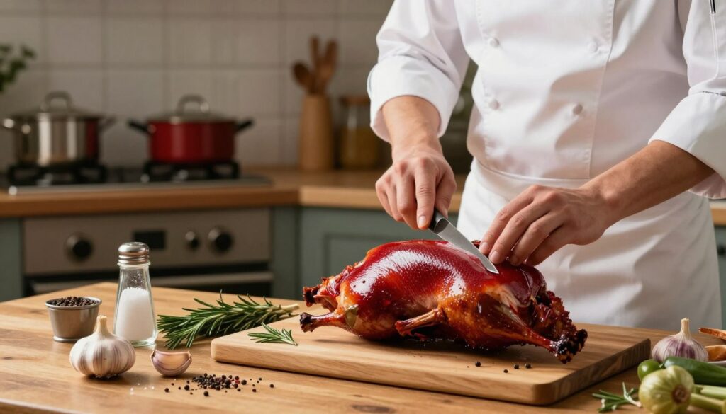 A beautifully arranged kitchen scene showcasing the preparation of duck breast before roasting. In the foreground, a skilled chef, dressed in a crisp white apron and modest attire, gently scores the skin of a vibrant duck breast, revealing its rich, deep red meat. The chef's hands are deftly holding a sharp knife, with fresh herbs and spices scattered artfully around the cutting board. In the middle ground, a wooden table is adorned with a selection of ingredients like garlic, rosemary, and salt, all glistening under warm kitchen lighting. The background reveals a well-organized kitchen, with pots and pans hanging above a stove, creating an inviting atmosphere. The overall mood is warm and homely, suggesting the love of cooking and culinary artistry.