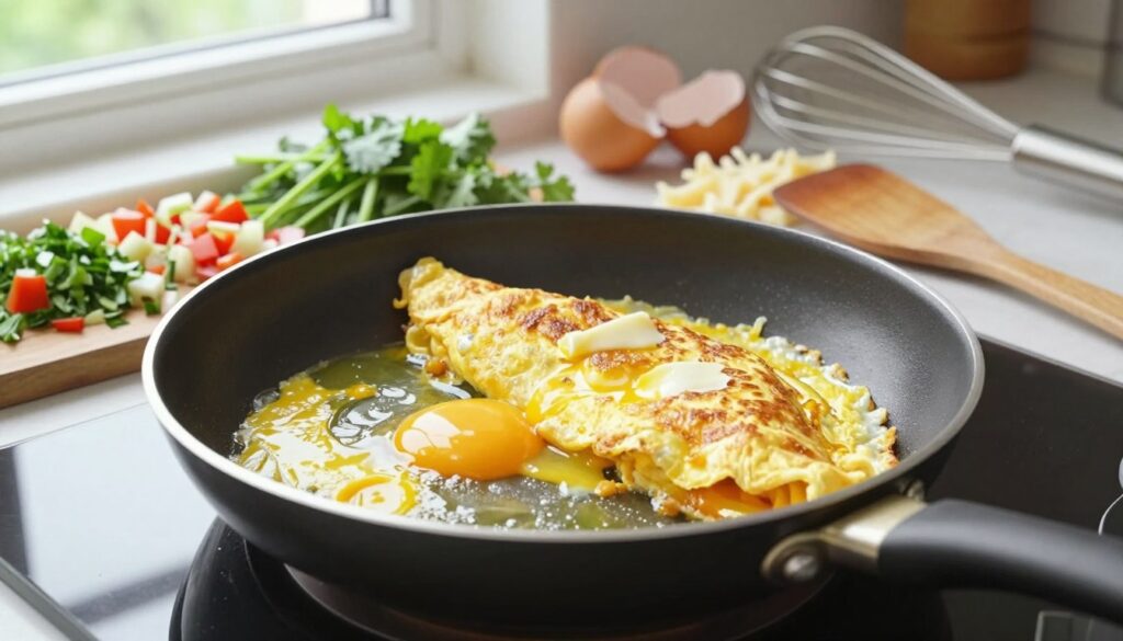 A beautifully arranged kitchen scene showcasing the process of making a fluffy, golden omelet. In the foreground, a non-stick frying pan sizzles with melted butter and beaten eggs, creating vibrant textures and colors. The middle layer features fresh ingredients like chopped herbs, diced vegetables, and grated cheese, artfully placed around the pan. A wooden spatula rests casually beside the pan. In the background, natural light streams through a window, illuminating the kitchen countertop decorated with eggshells and a whisk. The atmosphere is warm and inviting, emphasizing the home-cooking experience. The overall mood is cheerful and inspiring, perfect for illustrating an article about omelet-making techniques while avoiding any distractions with people or text. A beautifully arranged kitchen scene showcasing the process of making a fluffy, golden omelet. In the foreground, a non-stick frying pan sizzles with melted butter and beaten eggs, creating vibrant textures and colors. The middle layer features fresh ingredients like chopped herbs, diced vegetables, and grated cheese, artfully placed around the pan. A wooden spatula rests casually beside the pan. In the background, natural light streams through a window, illuminating the kitchen countertop decorated with eggshells and a whisk. The atmosphere is warm and inviting, emphasizing the home-cooking experience. The overall mood is cheerful and inspiring, perfect for illustrating an article about omelet-making techniques while avoiding any distractions with people or text.