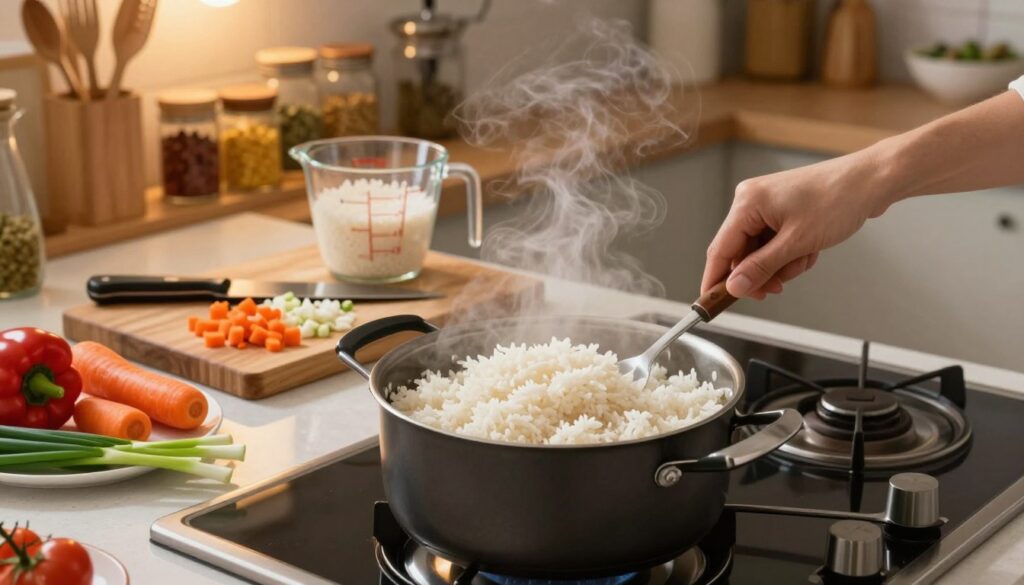 A beautifully arranged kitchen scene showcasing the process of preparing rice. In the foreground, a pot steaming with fluffy white rice sits on a modern stove, surrounded by freshly chopped vegetables like bell peppers, carrots, and green onions. In the middle ground, a wooden cutting board displays a knife and finely diced ingredients, while a measuring cup with rice and water is ready for cooking. The background offers a glimpse of kitchen shelves adorned with spices and utensils, bathed in warm, inviting lighting. The atmosphere is cozy and homey, suggesting a quick, delicious meal preparation. The angle captures the essence of cooking, inviting viewers to imagine themselves creating a flavorful dish to complement their rice.