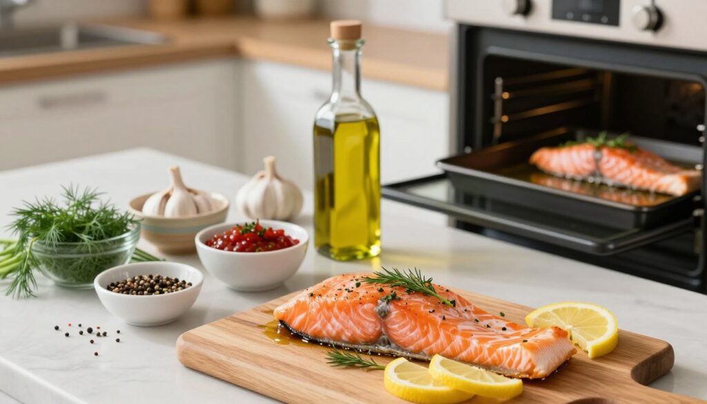 A beautifully arranged kitchen scene showing various methods of baking salmon in an oven. In the foreground, a perfectly baked salmon fillet garnished with fresh herbs and lemon slices is displayed on a wooden cutting board. In the middle ground, a variety of marinades and seasonings, such as dill, garlic, and olive oil, are neatly organized in small bowls. A modern kitchen environment is visible in the background, with an oven featuring a glimpse of another baking salmon dish. Soft, natural lighting highlights the freshness of the ingredients and enhances the warm, inviting atmosphere. The overall mood is cozy and culinary, inviting the viewer to explore different baking techniques for salmon. A beautifully arranged kitchen scene showing various methods of baking salmon in an oven. In the foreground, a perfectly baked salmon fillet garnished with fresh herbs and lemon slices is displayed on a wooden cutting board. In the middle ground, a variety of marinades and seasonings, such as dill, garlic, and olive oil, are neatly organized in small bowls. A modern kitchen environment is visible in the background, with an oven featuring a glimpse of another baking salmon dish. Soft, natural lighting highlights the freshness of the ingredients and enhances the warm, inviting atmosphere. The overall mood is cozy and culinary, inviting the viewer to explore different baking techniques for salmon.