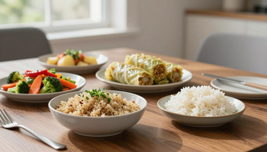 A beautifully arranged modern dining table set, showcasing a variety of lighter side dishes as alternatives to potatoes. In the foreground, depict a stylish bowl of fluffy quinoa, garnished with fresh herbs. To the side, include a serving of vibrant stir-fried vegetables in bright colors like red bell peppers, broccoli, and carrots. Add a portion of perfectly steamed jasmine rice, glistening with light. The middle of the scene features a plate of traditional stuffed cabbage rolls, elegantly presented. In the background, soft natural light filters through a window, casting gentle shadows, enhancing the freshness of the dishes. The atmosphere is warm and inviting, perfect for a contemporary dining experience, captured with a shallow depth of field to emphasize the food.