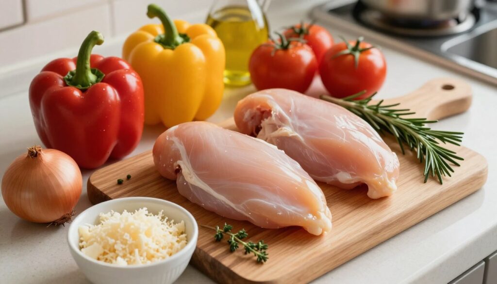 A beautifully arranged overhead shot of raw chicken breast pieces on a wooden cutting board, surrounded by fresh ingredients. Include vibrant vegetables like bell peppers, tomatoes, and onions, along with herbs such as rosemary and thyme. Add a small bowl of grated cheese for texture, and perhaps a splash of olive oil in a jar nearby. The background should feature a softly lit kitchen with warm tones, creating a cozy cooking atmosphere. The natural light highlights the freshness of the ingredients while casting gentle shadows. The focus is on the ingredients, with a slight tilt to give depth, inviting the viewer into the scene, evoking a sense of delicious anticipation for the meal to come. A beautifully arranged overhead shot of raw chicken breast pieces on a wooden cutting board, surrounded by fresh ingredients. Include vibrant vegetables like bell peppers, tomatoes, and onions, along with herbs such as rosemary and thyme. Add a small bowl of grated cheese for texture, and perhaps a splash of olive oil in a jar nearby. The background should feature a softly lit kitchen with warm tones, creating a cozy cooking atmosphere. The natural light highlights the freshness of the ingredients while casting gentle shadows. The focus is on the ingredients, with a slight tilt to give depth, inviting the viewer into the scene, evoking a sense of delicious anticipation for the meal to come.