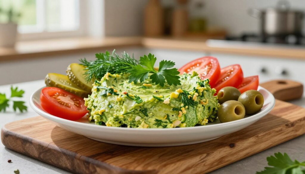 A beautifully arranged plate featuring a slice of vibrant green zucchini pâté, garnished with fresh herbs like parsley and dill. Surround the pâté with colorful accompaniments such as sliced tomatoes, pickles, and olives, creating an appetizing display. In the foreground, place a rustic wooden board, emphasizing the homemade quality of the dish. Soft, natural lighting from a nearby window casts gentle shadows, enhancing the texture of the pâté and accompaniments. In the background, a blurred kitchen setting with fresh vegetables and cooking utensils suggests a warm, inviting atmosphere. Focus on the artisanal aspect of preparing the dish, embodying a healthy and delicious meal option that is perfect for spreads or sandwiches.