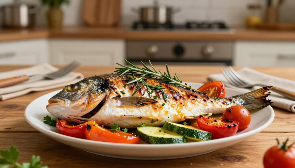 A beautifully arranged plate featuring a whole roasted dorada garnished with fresh herbs and colorful vegetables. In the foreground, the dorada is golden-brown and glistening, surrounded by vibrant roasted bell peppers, zucchini, and cherry tomatoes. Thin sprigs of rosemary and parsley accentuate the dish, adding a touch of green. The middle ground shows a wooden table with rustic utensils placed beside the plate, enhancing the homemade feel. In the background, a softly blurred kitchen setting with warm, ambient lighting creates a cozy atmosphere. The scene captures the essence of a Mediterranean meal, evoking warmth and contentment, while maintaining a focus on the vibrant colors and textures of the food.