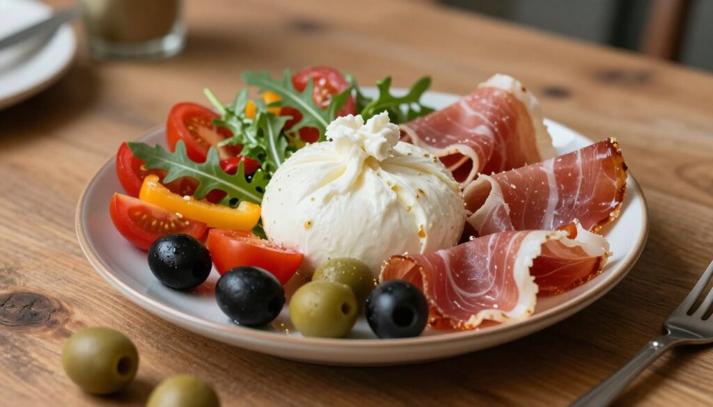 A beautifully arranged plate featuring creamy burrata cheese at the center, surrounded by thin slices of prosciutto elegantly draped around it. Add a colorful assortment of fresh vegetables, including ripe cherry tomatoes, vibrant bell peppers, and leafy arugula finishing the dish. Scatter glossy black and green olives artistically around the plate, enhancing the visual appeal. The scene is set on a rustic wooden table with soft, diffused natural light casting gentle shadows, highlighting the textures and colors of the ingredients. Use a shallow depth of field to focus on the burrata and prosciutto, while the background softly blurs, creating a cozy, inviting atmosphere perfect for an antipasti gathering. A beautifully arranged plate featuring creamy burrata cheese at the center, surrounded by thin slices of prosciutto elegantly draped around it. Add a colorful assortment of fresh vegetables, including ripe cherry tomatoes, vibrant bell peppers, and leafy arugula finishing the dish. Scatter glossy black and green olives artistically around the plate, enhancing the visual appeal. The scene is set on a rustic wooden table with soft, diffused natural light casting gentle shadows, highlighting the textures and colors of the ingredients. Use a shallow depth of field to focus on the burrata and prosciutto, while the background softly blurs, creating a cozy, inviting atmosphere perfect for an antipasti gathering.